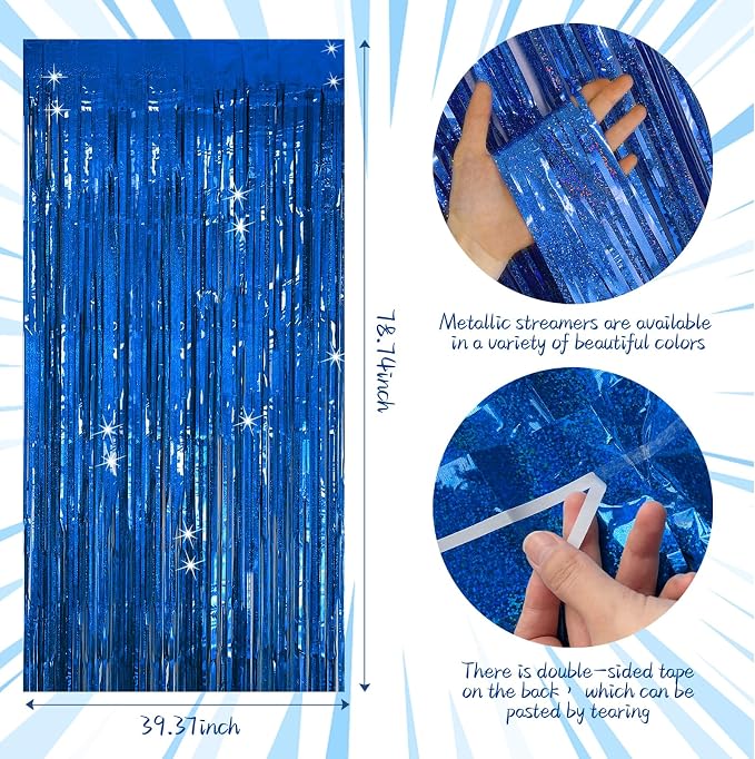 Tinsel Curtain Party Backdrop Blue Birthday Party Decorations 2 Packs Glitter Foil Fringe Curtain Party Decor Streamers Photo Booth for Birthday Christmas Wedding Halloween Graduation Decorations