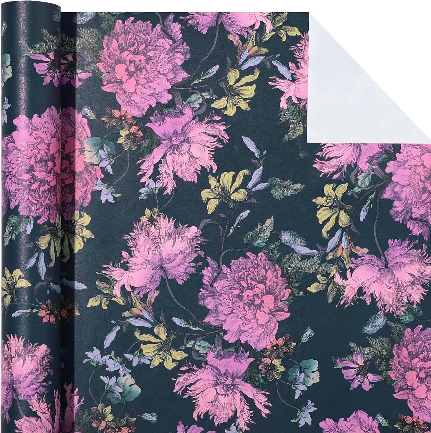 WRAPAHOLIC Kraft Floral Wrapping Paper Roll - Mini Roll - 17 Inch x 16.5 Feet - Vintage Flower Wrapping Paper Perfect for Wedding, Birthday, Bridal Shower, Tea Party