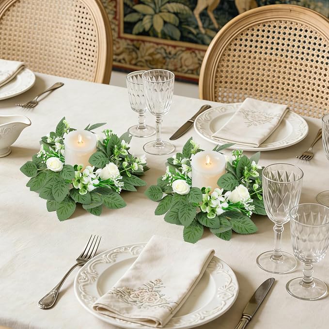 4 Pcs White Rose Candle Rings, 9 Inch Small Eucalyptus Wreath with White Roses & Baby Breath, Artificial Floral Candle Wreath Rings for Pillar Candle Wedding Table Centerpieces Home Decor