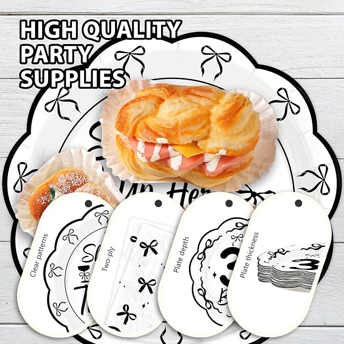 96Pcs Black Bow 30th Birthday Party Decorations, Serves 24 | She's Tying up Her Twenties Plates and Napkins Scalloped Black and White Bow Tableware Set for 30 Year Old Women Rip 20s Bday