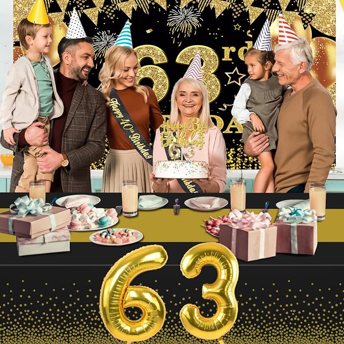 63rd Birthday Decorations Men Women with 63rd Birthday Banner, Black and Gold Table Cloth, Number Balloons, Large Sash, Cake Topper and Candles