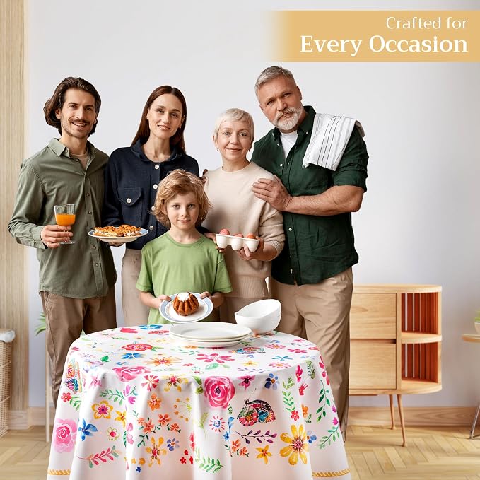 Maison d' Hermine Table Cloth Round Table 100% Cotton 63 Round Inches Tablecloth Reusable Decorative for Dining Kitchen Room Farmhouse Party Home Hotel Restaurant Spring Summer- Happy Florals - Sweety