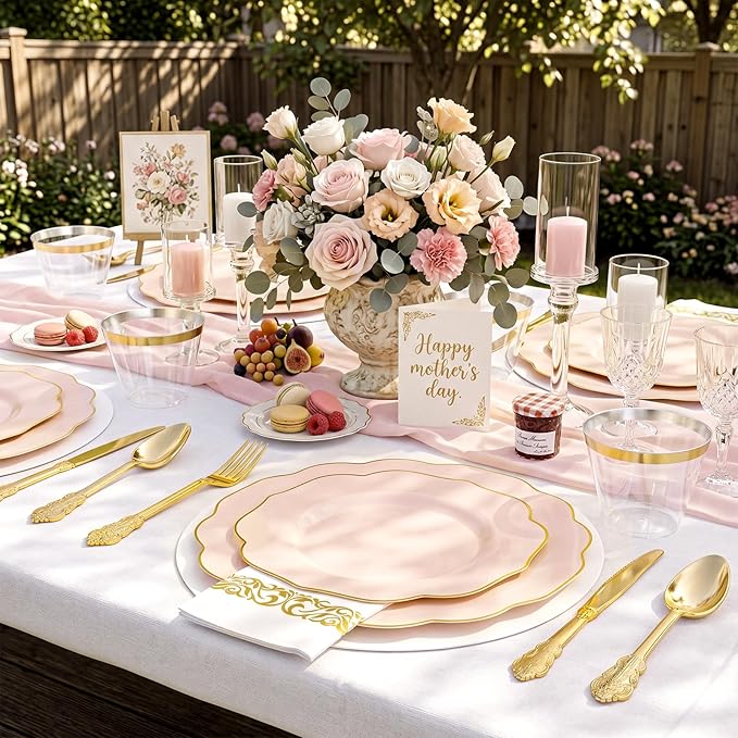 NOCCUR 175PCS Pink Plates with Gold Disposable Silverware - Include 50 Pink Plastic Plates,25 Knives,25 Forks,25 Spoons,25 Cups and 25 Napkins - Ideal for Party/Wedding/Mother's Day