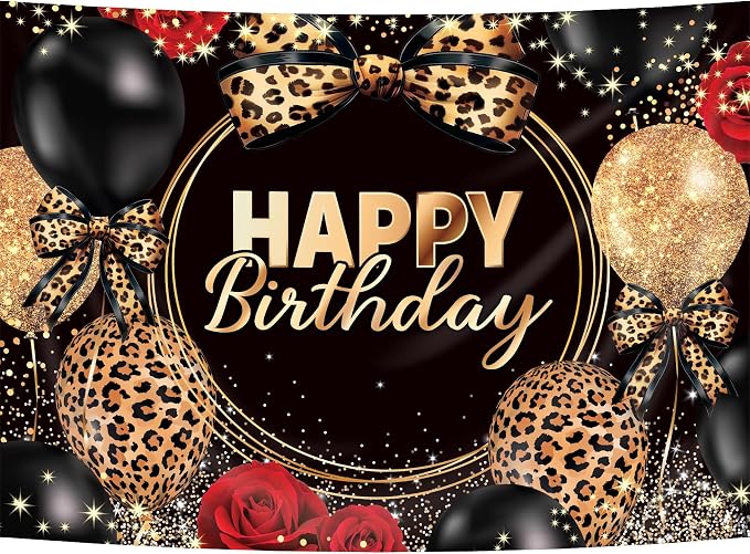 Leopard Print Bow Happy Birthday Backdrop 7Wx5H Feet Polyester Fabric Black Gold Red Rose Cheetah Print Bownot Decoration Cool Balloon for Women Girl Photography Background Photo Shoot Props
