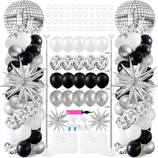 2 Sets Disco Balloon Column Stand Kits Adjustable Black and Silver Balloons Column Kit with Disco Ball Explosion Star 80s Party Themed Tower Stand Kit for Birthday Party Retro Dance Supplies