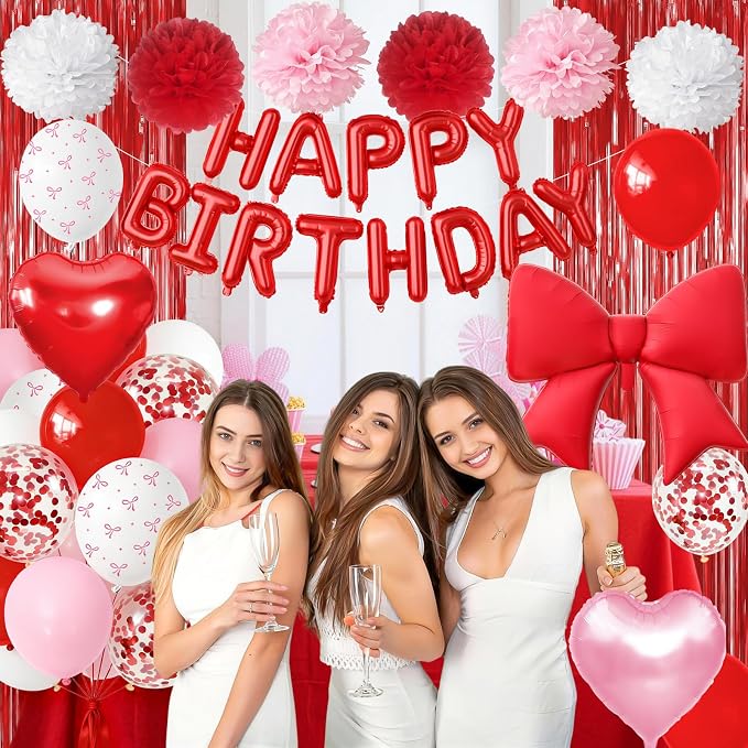 Red Pink Bow Birthday Decorations for Women Girls, Happy Birthday Balloon Banner with Bow and Heart Foil Balloons Fringe Curtain Tissue Paper Pompoms Garland Party Supplies