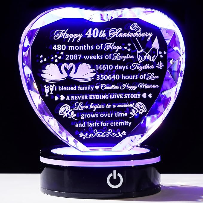YWHL 40th Anniversary Crystal Heart Gifts for Wife Husband, Laser Engraved Romantic 40 Year Wedding Anniversary Crystal Keepsake Gifts for Her Him, 40 Years of Marriage Gift for Couples Friends
