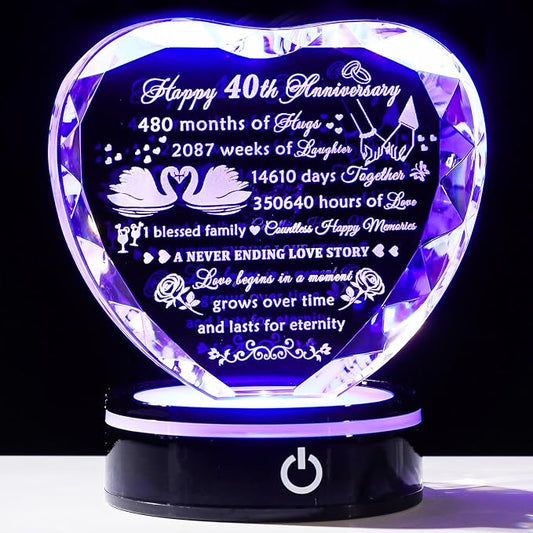 YWHL 40th Anniversary Crystal Heart Gifts for Wife Husband, Laser Engraved Romantic 40 Year Wedding Anniversary Crystal Keepsake Gifts for Her Him, 40 Years of Marriage Gift for Couples Friends