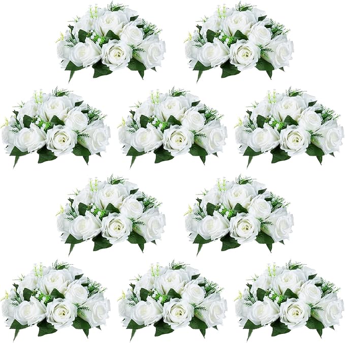 NUPTIO White Flower Centerpieces for Wedding Tables, Artificial Flower Ball | 10 Pcs 9.5 inch, Fake Floral Rose Arrangement for Birthday Party, Bridal Shower, Quinceanera Decorations