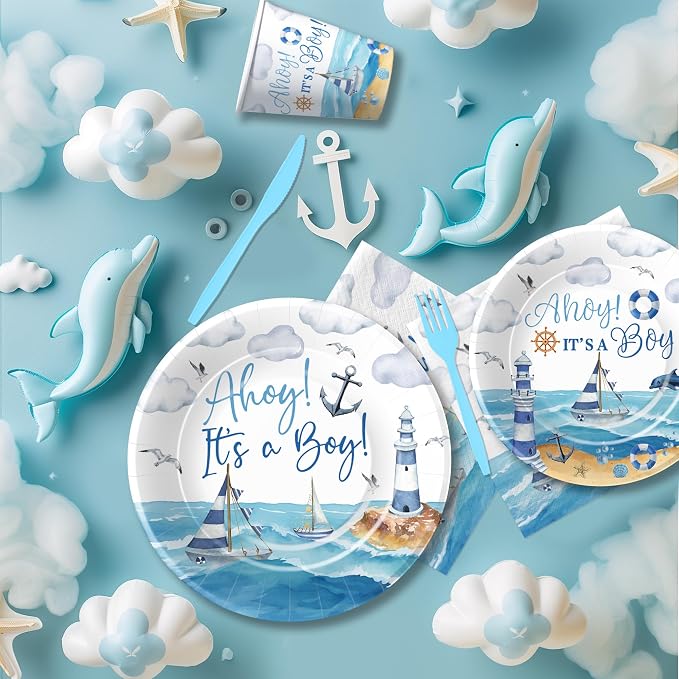 Ahoy Its A Boy Baby Shower Decorations Tableware - Nautical Baby Boy Decorations, Plate, Cup, Napkin, Disposable Cutlery, Anchor Nautical Party Supplies For Sailor Boat Baby Shower | 24 Guest