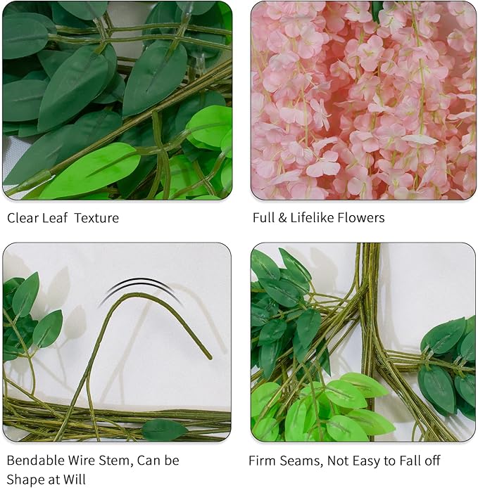 24 Pack Artificial Wisteria Hanging Flowers Fake Wisteria Flower Garland Silk Vines Rattan Decor for Home Wedding Arch Wall Garden Greenery Bedroom Outdoor Office Party Decoration (Light Pink)