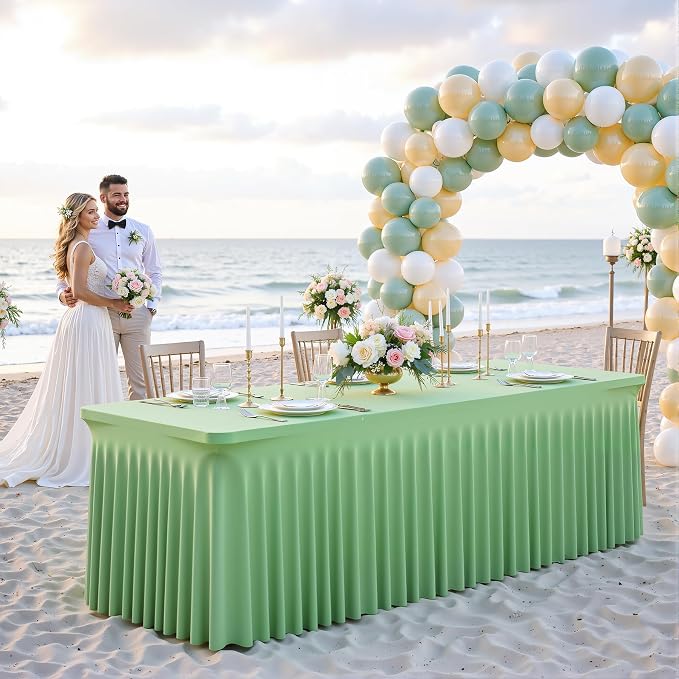 gogoparti 2 Pack Spandex Sage Green Fitted Table Cloth for 8ft Rectangle Tables Sage Green Stretch Tablecloth Table Covers Skirt Banquet Wrinkle Free Tablecloths for Parties Wedding