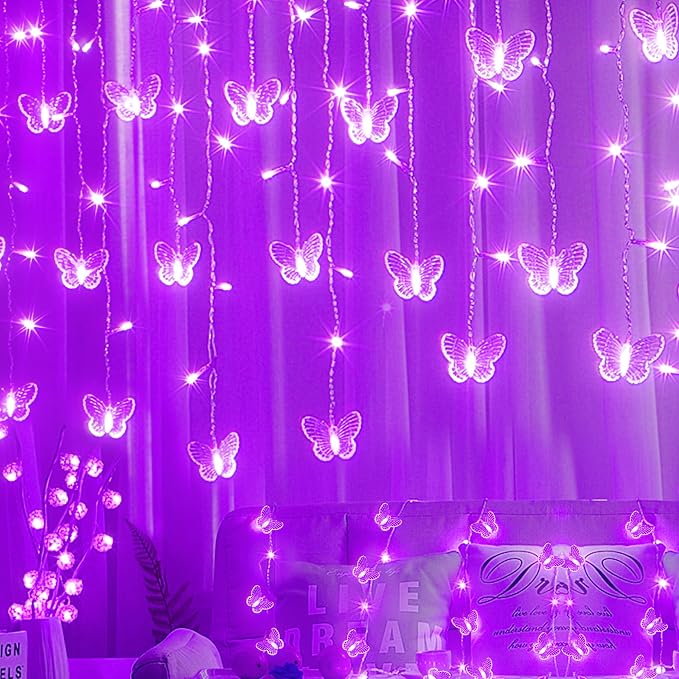 Purple Butterfly Curtain Fairy Lights USB Plug in,120 LED 8 Modes 20FT Firefly Twinkle Icicle String Lights with Remote Timer Waterproof for Halloween Bedroom Christmas Wedding Party Dorm
