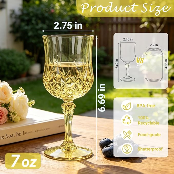 Plastic Wine Glasses, Plastic Goblets Vintage Style Cordial Unbreakable Drinking Glasses, Reusable Drinkware for Wedding Reception, Grand Event Party Supplies (100, Gold)