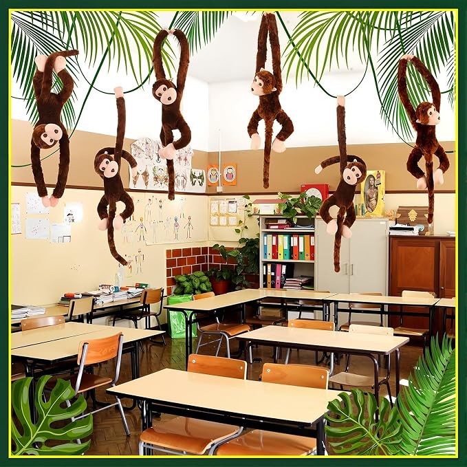 Hungdao 6 Packs Hanging Monkey Stuffed Jungle Animal Toy with Hook and Loop Jungle Party Hanging Plush Monkey for VBS Sunday School Classroom Party Decorations (24 Inch,Dark Brown)