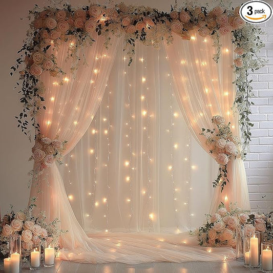 10x10ft Champagne Tulle Backdrop Curtain with Lights String Sheer Drapes for Wedding, Birthday, Baby Shower, Bridal Shower, Photo Booth, Party, Home Decor (2 Panels)