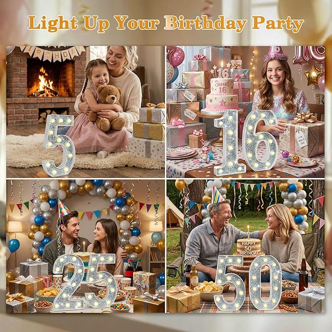 12.6 Inch LED Silver Marquee Light Up Numbers, 3rd Birthday Decorations Number Lights as Gifts for Girls Boys, Glitter Lighted Marquee Numbers for Silver Anniversary Party Table Decor, 3
