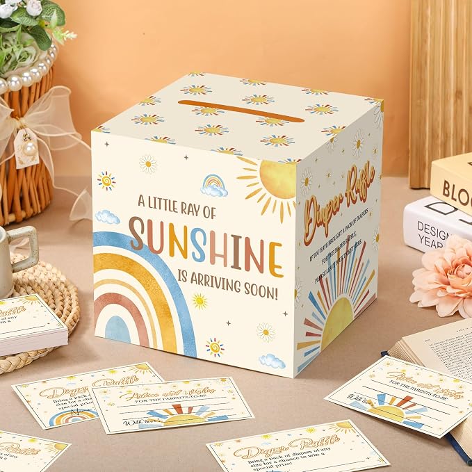 Teling 51 Pieces Diaper Raffle Tickets with Card Box Baby Shower Decorations Baby Shower Holder Box for Girl Boy Diaper Raffle Party(Here Comes the Son)