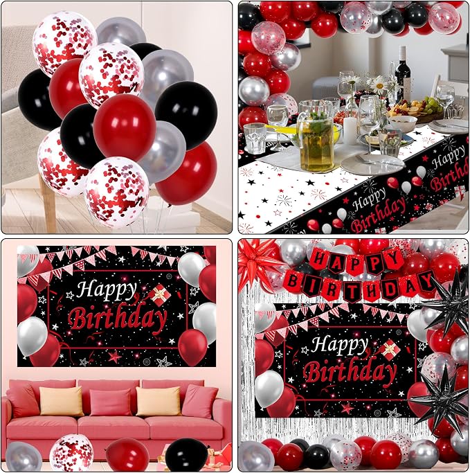 Red Black Birthday Decorations for Men Women Boys Girls, Red and Black Birthday Party Decorations with Happy Birthday Backdrop Banner Tablecloth Foil Curtain Star Balloon Arch, Red Party Supplies