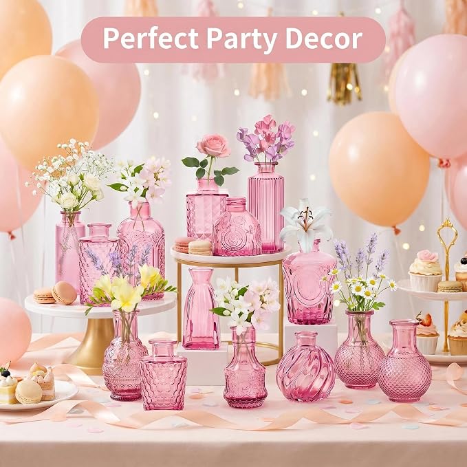 Mini Bud Vases Centerpieces for Tables,Clear Bud Vases for Flowers,Small Flower Vases Suitable for Birthday Party,Anniversary,Wedding Reception,Baby Shower (Pink, 12PCS)