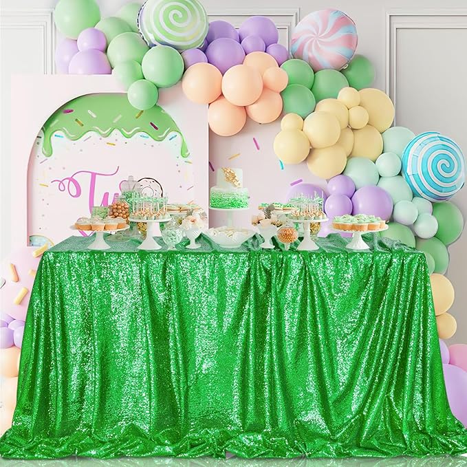 QueenDream Sparkly Sequin Tablecloth - Green Table Cloth 50x80 Inches Rectangle Table Overlay Fabric for Birthday Parties Baby Shower Decoration
