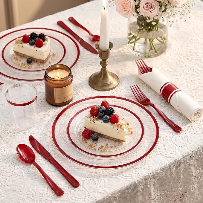 350pcs Plastic Plates for Party Clear & Red | Disposable Plastic Dinnerware Set for 50 Guests Include 100 Plastic Plates,50 Cups & 50 Pre Rolled Napkins with Cutlery Set
