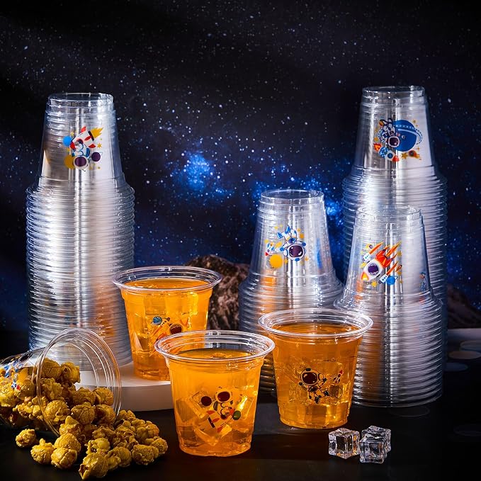 Geyoga 100 Pcs Space Party Plastic Cups 12 oz Astronaut Disposable Clear Cups Bulk Outer Spacer Birthday Party Supplies for Cold Juice Beverage Holiday Favor