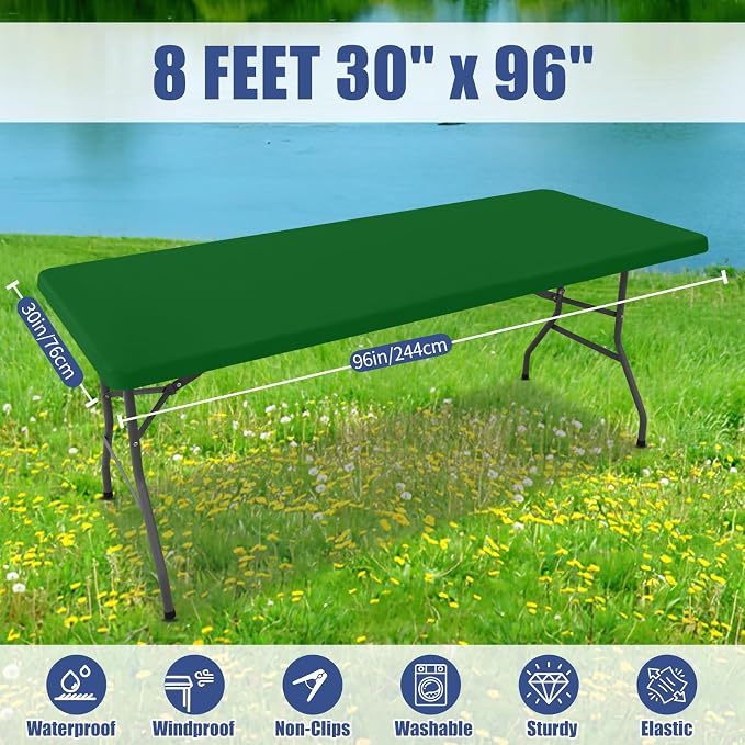Moosfor Spandex 8 Foot Rectangle Table Cloth 6 Pack, Elastic Fitted Tablecloths for Picnic, Stretch Washable Patio Table Cover for Outdoor, Camping, Banquet and Parties (Emerald Green, 30"x96")
