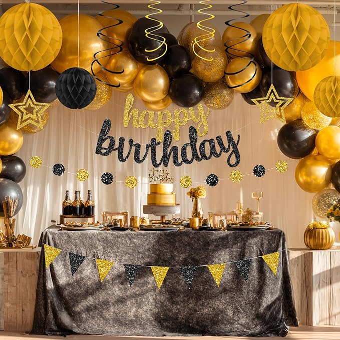 Black and Gold Birthday Party Decorations Set - Happy Birthday Banner Balloons Foil Curtains Hanging Swirls for Men Women Birthday Party Supplies