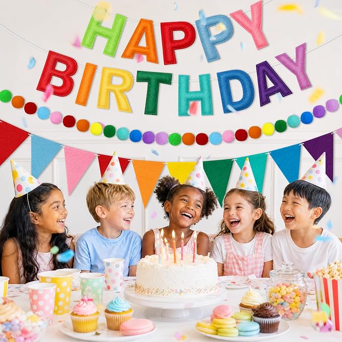 Happy Birthday Banner Set, Pre-Strung 3D Felt Birthday Banner with Pom Pom Garland and Triangle Bunting, Reusable Colorful Birthday Decorations for Party Backdrop Decor