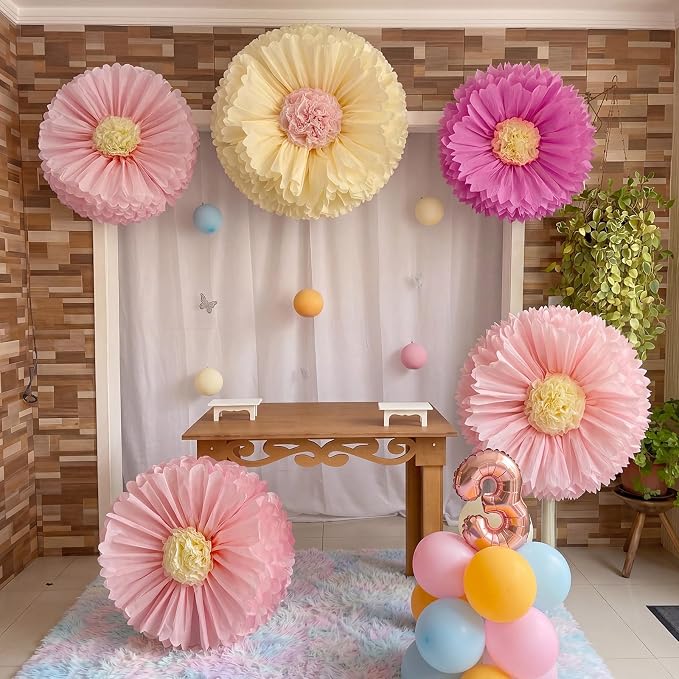 Chunful 5 Pcs 30'' 24'' Pink Giant Tissue Paper Flowers for Back to School Decor Large Hanging Crepe Paper Pom Poms for First Day of School Bulletin Board Welcome Party Decor