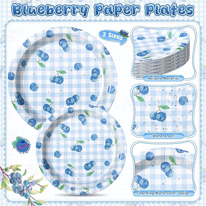 Honeydak 210 Pcs Blueberry Party Supplies for 30 Guests, Includes Plates, Cups, Napkins, Cutlery - Blueberry Checked Birthday Tableware Decorations for 1st Birthday, Summer Fruit Party