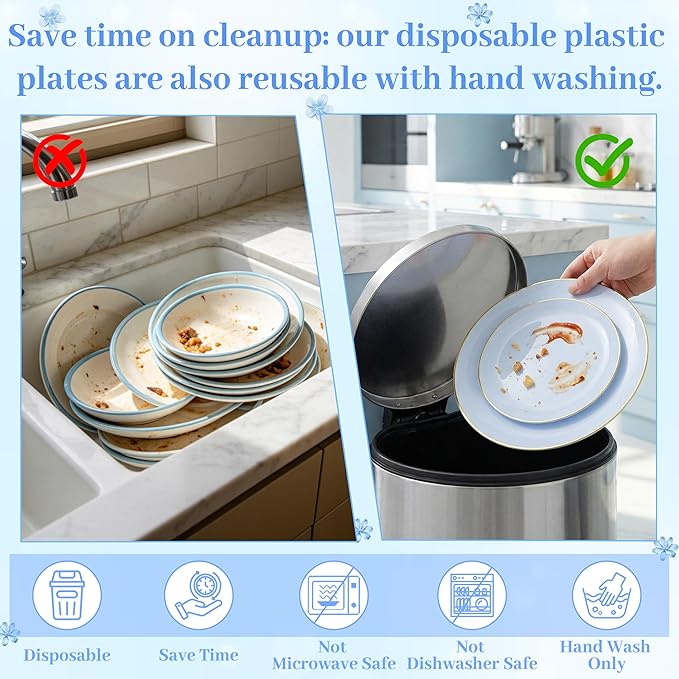 DaYammi 150Pcs Blue Plastic Plates with Gold Rim,Disposable Blue Party Plates Include 30 Dinner Plate,30 Salad Plate,30 Forks,30 Knives,30 Spoons,Fancy Disposable Platos for Party,Wedding,Baby Shower
