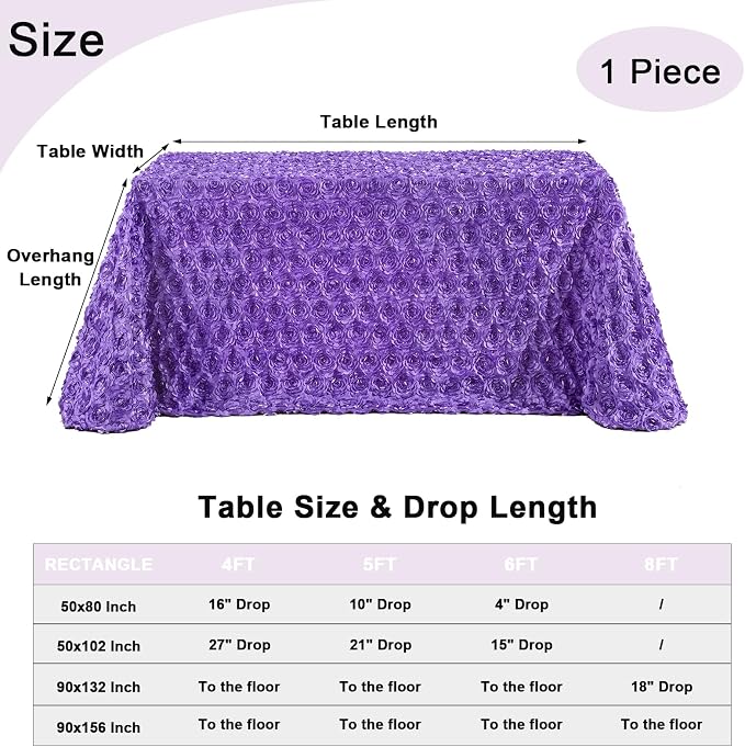 Fanqisi Purple Tablecloth 90x156 Inches Rosette Satin Tablecloth Birthday Party Table Cover Bridal Shower Table Decor Halloween Decorations