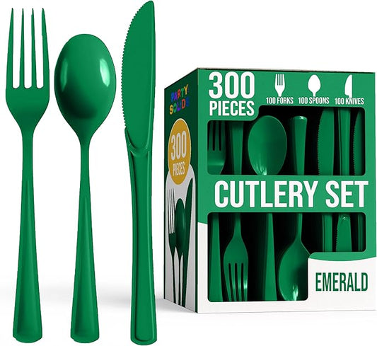 Party Solids Emerald Green Plastic Silverware Heavy Duty 300 Pieces Green Disposable Silverware Heavy Duty, Utensil Sets, 100 Of Each Forks, Knives & Spoons Disposable Cutlery Set For Party Supplies
