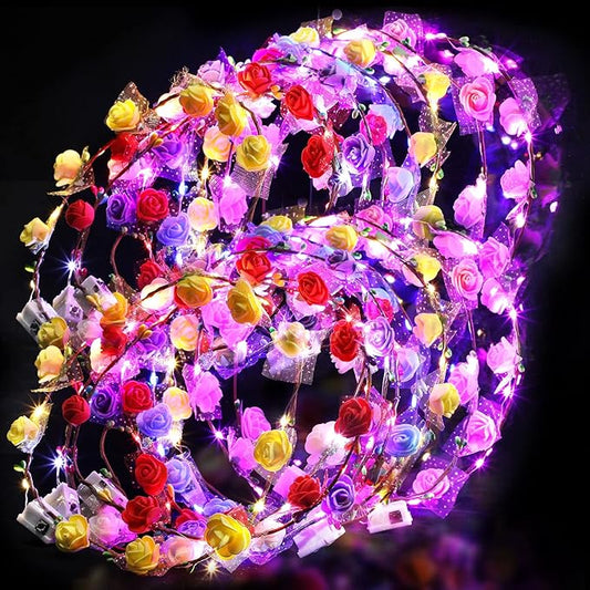 Chumia 35 Pcs LED Flower Crowns Headbands Light up Flower Wreath Garlands Glow in The Dark Floral Headpiece Hair Accessories for Women Mardi Gras Birthday Cosplay Holiday Wedding Princess Party