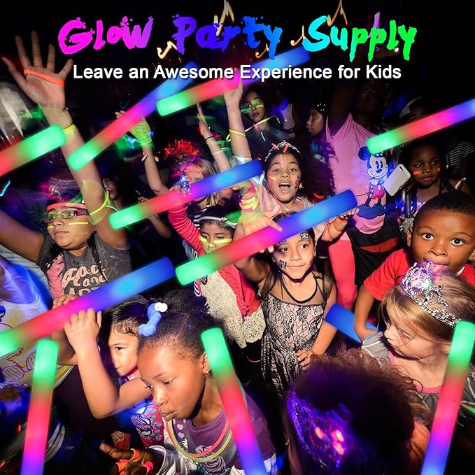 Wellent 155 Foam Glow Sticks Bulk, Foam Light Up Sticks, Bulk Glow Sticks, LED Foam Sticks with 3 Mode Colorful Flashing,Glow in the Dark Party Supplies for Wedding, Birthday, Concert, Raves, New Year