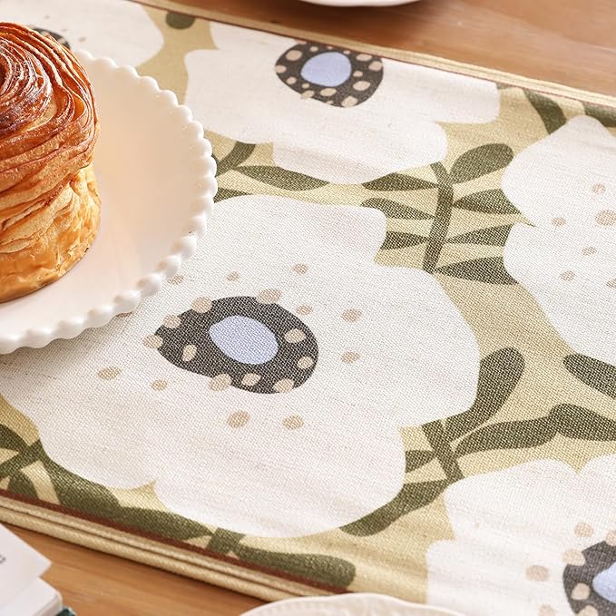 bilin gaier Rectangular White Flower Table Runner 63 Inches Long,Vintage Rustic Farmhouse Linen Floral Table Runners,Table Decoration for Coffee & Dining Table Home Party Kitchen.12 x63-Hidaka