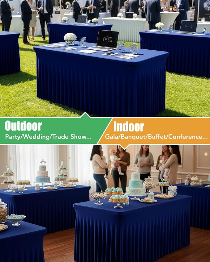 4 Pack Spandex Table Cover Skirts for 8ft Rectangle Tables, Navy Blue Stretch Table Cloths with Floor-Length Ruffle, Elastic Fitted Skirted Tablecloth for Elegant Wedding Banquet Party Buffet Deco