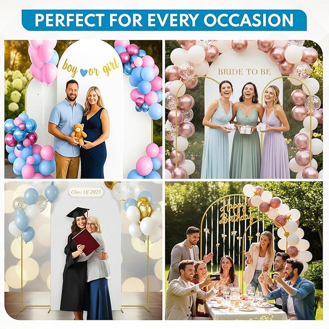 Metal Arch Backdrop Stand and Cover Set - 2 Gold Arches (7.2ft, 6ft) - Water Weights - 2 White Stretchy Spandex Covers, Bags & Case - Wedding, Birthday, Baby Shower, Party Decor