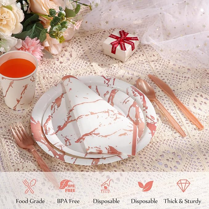 Bokon 350 Pcs Rose Gold Party Supplies Disposable Dinnerware Set Include 100 Plates 50 9 oz Paper Cup 50 Sets Spoon Fork Knives 50 Napkin for 50 Guests Wedding Birthday Valentines Party Decoration