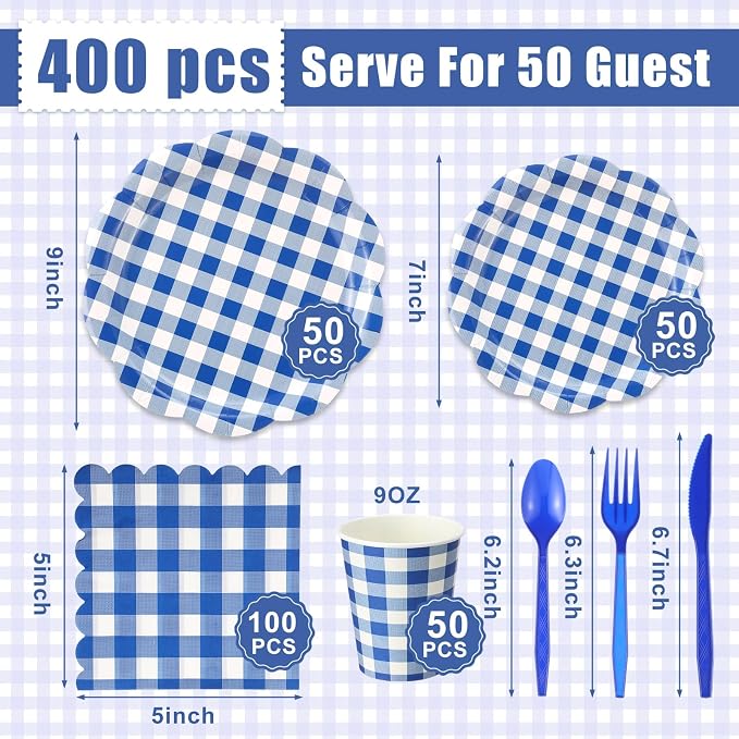 Funnymoom 400 Pcs Gingham Party Supplies for 50 Guests Dark Blue and White Paper Plates and Napkins Knives Spoon Fork Cup Disposable Checkered Dinner Party Set Cutlery for Baby Shower Wedding Favor