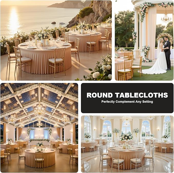 72 Inch Champagne Round Tablecloth,Washable Stretchy Fitted Circular Table Cover with Elastic Edge for 6FT Round Table, Reusable Tablecloth for Wedding Banquet Party Birthday Buffet Dining