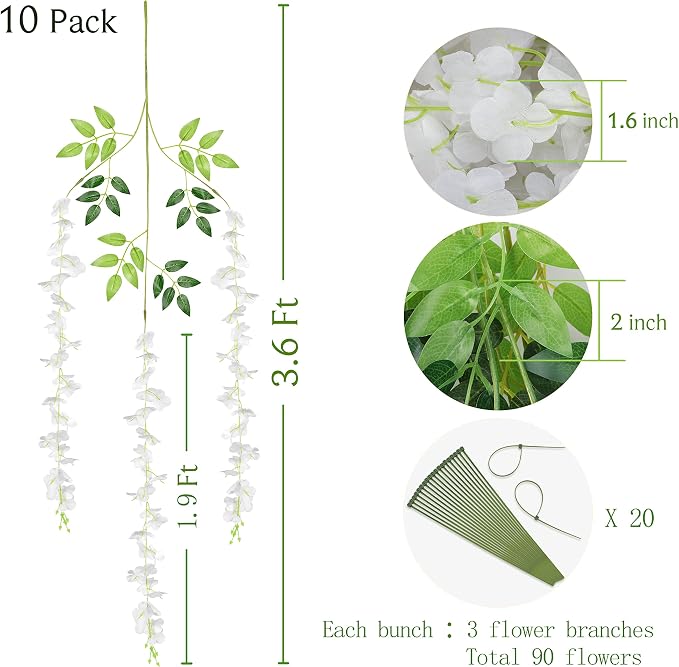 BLEUM CADE 10Pcs White Fake Wisteria Hanging Flowers, 3.6Ft/Pcs Artificial Wisteria Garland, Hanging Flowers for Wedding Party Home Backdrop Wall Decoration