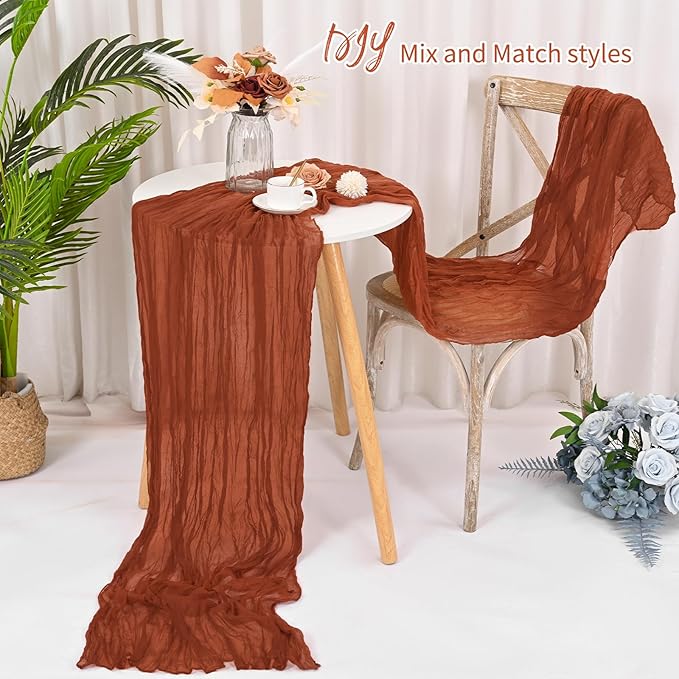 8 Pack Terracotta Cheesecloth Table Runner 120 Inch 10FT Spring Boho Rustic Sheer Gauze Cheese Cloth Table Runner for Wedding Baby Shower Birthday Party Table Decor