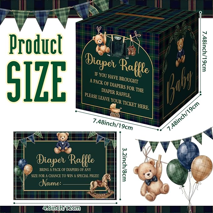 Teling 51 Pieces Diaper Raffle Tickets Box with Card Baby Shower Decorations Gender Reveal Holder Box for Girl Boy Diaper Raffle Party (Blue Green Tartan Plaid We Can Bearly Wait Style)