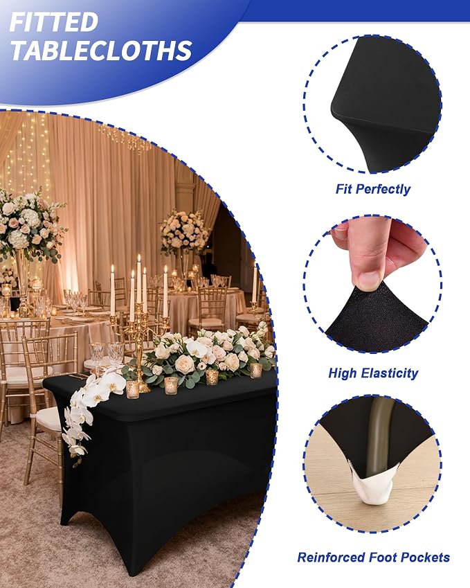 Fixwal Black Stretch Table Cloth Rectangle 2 Pack 4Ft, Spandex Fitted Table Covers Washable for Party, Trade Show, Banquet, Wedding, Buffet