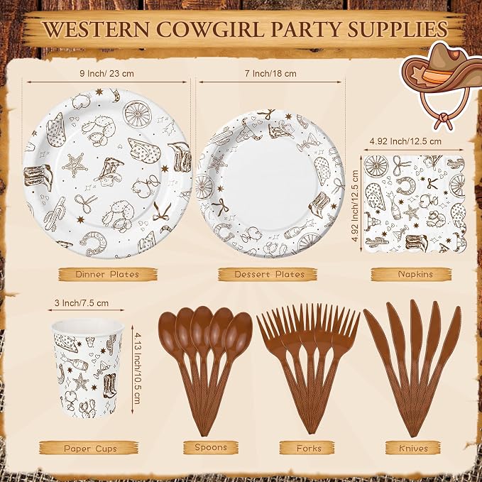 Honeydak 210 Pcs Western Cowboy Party Supplies for 30 Guests Single Western Cowgirl Birthday Plates Napkins Cup and Forks Tableware for First Rodeo Birthday Decorations