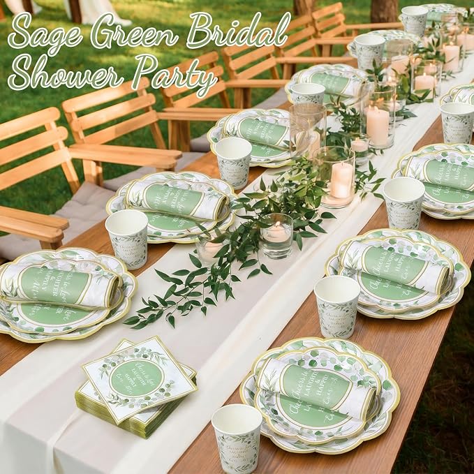 Funnymoom 250 Pcs Eucalyptus Leaves Bridal Shower Party Decorations Sage Green Cheers to Love Paper Plates Napkins Cups Disposable Tableware Set for Wedding Engagement Party Supplies, Serves 50