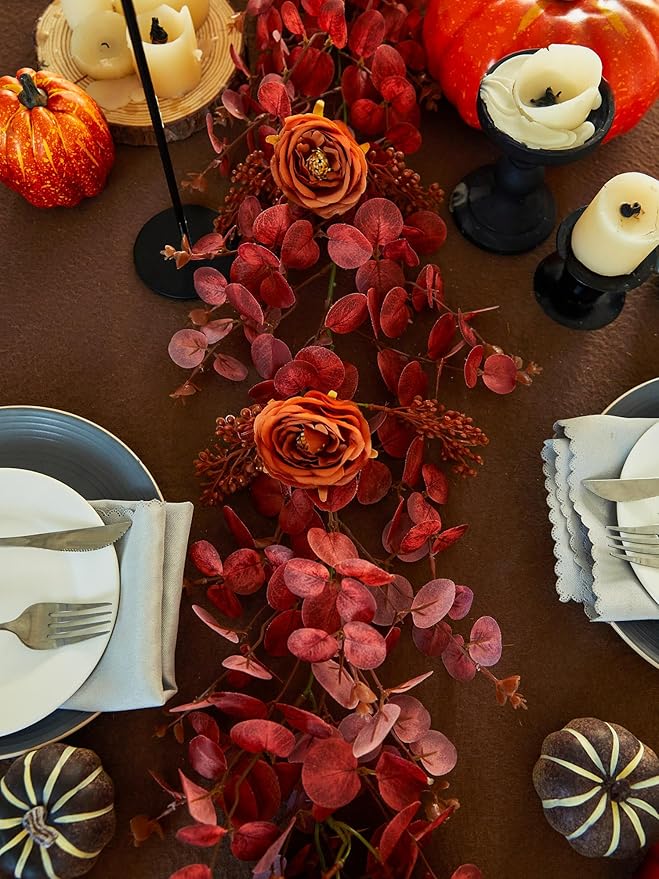 PARTY JOY 6.56ft Fall Decor Orange Eucalyptus Garland with Flowers 8 Orange Roses, Fall Garland Artificial Fake Flowers Floral Vines for Autumn Decor Fall Decorations for Home Indoor Outdoor